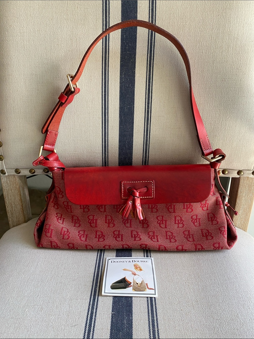 Dooney & Bourke Vintage Red Logo Jacquard Shoulder Bag with Red Leather Trim